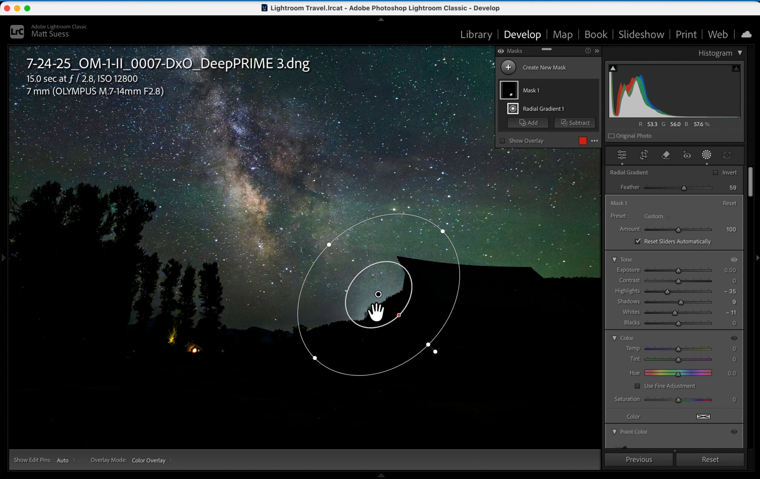 A nighttime photo of the Milky Way being edited in Adobe Lightroom Classic. Editing controls, a radial gradient, and a histogram are visible over a dark sky with stars, trees, and the silhouette of a building.