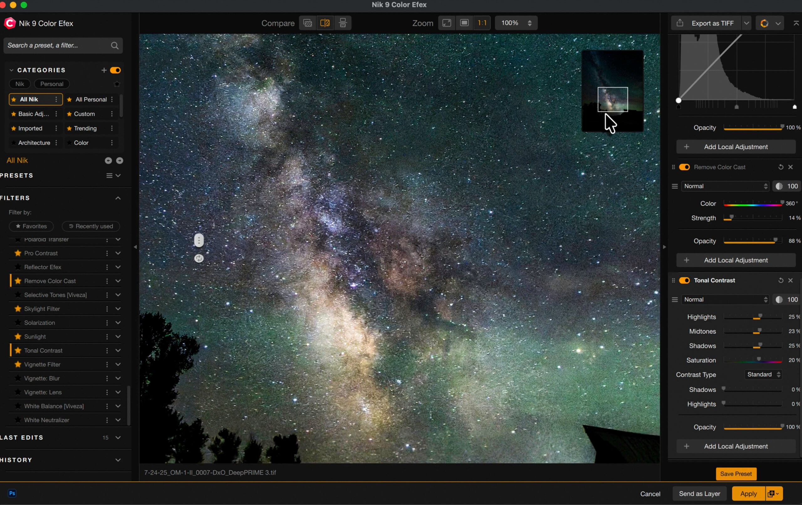 A computer screen displays photo editing software with an image of the Milky Way galaxy at night. Editing tools and category options are visible on the left, with various adjustment sliders on the right.