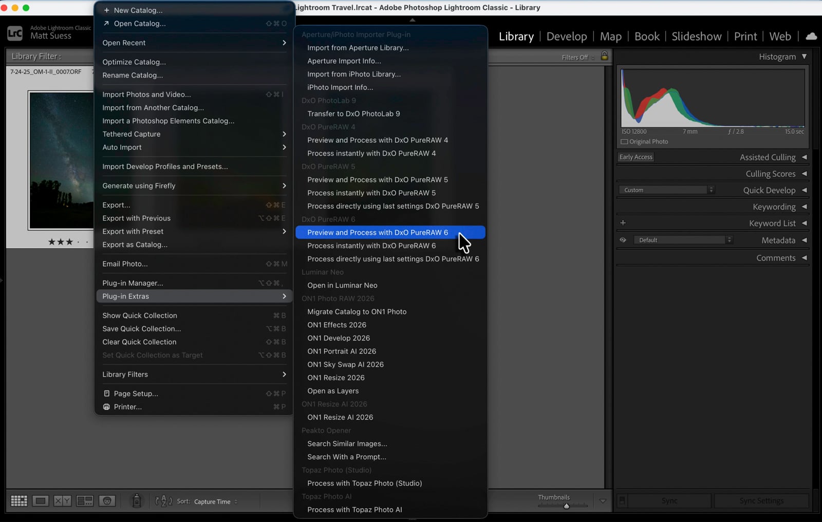 Screenshot of Adobe Lightroom with a dropdown menu open, highlighting the option "Preview and Process this DNG (via PureRAW 4)." Editing panels and a histogram are visible in the interface background.
