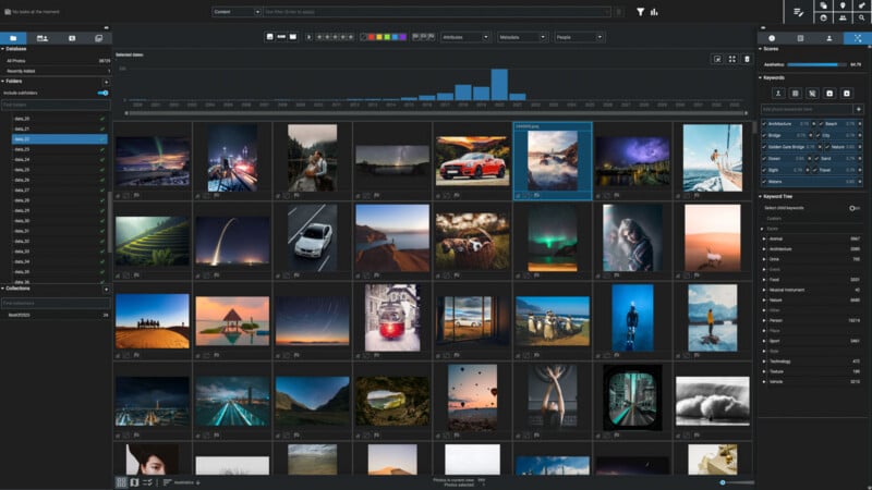 A computer screen displays a digital asset management software interface with various landscape and portrait photos arranged in a grid, filter options on the left, and sorting tools above. A bar graph shows image distribution by date.