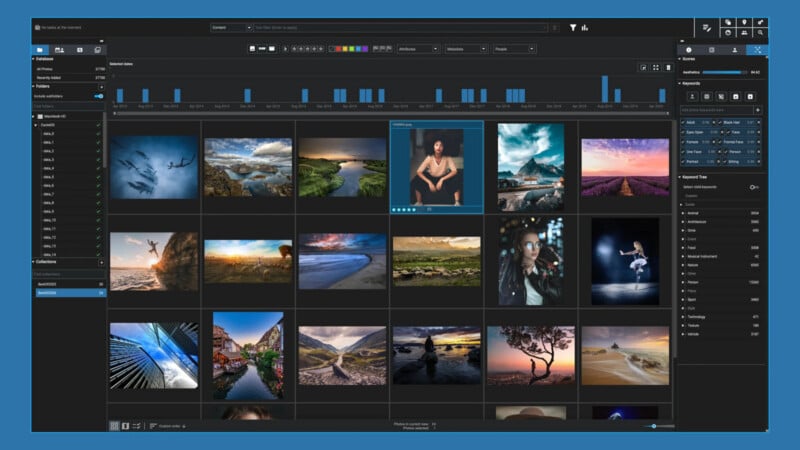 A computer screen displays a photo management software with a dark interface, showing a grid of various landscape and portrait images, filter options on the left, and editing tools on the right.