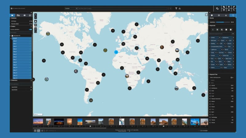 A computer screen shows a world map interface with numerous black location markers across continents and oceans. Various sidebar menus and image thumbnails are visible along the sides and bottom of the screen.