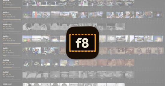 A large film camera app icon labeled "f8" is centered on a faded background showing rows of film rolls with thumbnails, dates, and roll numbers.