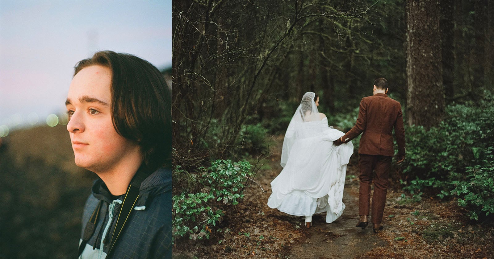 A split image: on the left, a young person with shoulder-length hair looks thoughtfully into the distance; on the right, a bride and groom walk hand in hand down a wooded path, the groom in brown and the bride in white.