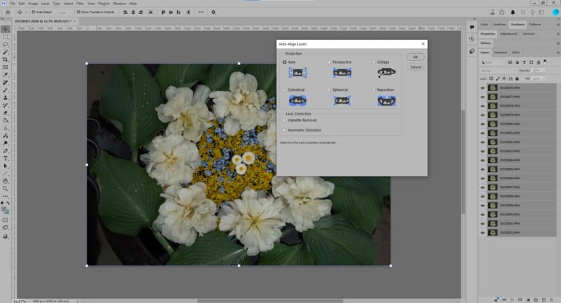 A screenshot of Adobe Photoshop shows a flower collage being edited. The Auto-Align Layers dialog box is open, displaying alignment options like Auto, Perspective, and Collage over an image of arranged flowers and green leaves.