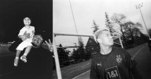 A black and white photo collage: on the left, a man lifts a smiling child at night on a soccer field; on the right, a soccer player in a Borussia Dortmund jersey stands by a goalpost outdoors.