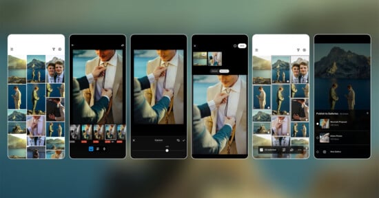 A sequence of smartphones displays photo editing steps, from selecting and adjusting a wedding photo of a couple outdoors, to cropping, modifying, and preparing the image for sharing, with mountain scenery in the background.