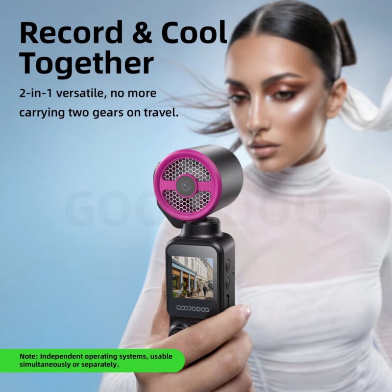 A woman in a white outfit holds a compact black device with a pink circular microphone and a small display screen. Text promotes the 2-in-1 recording and cooling features for travel.