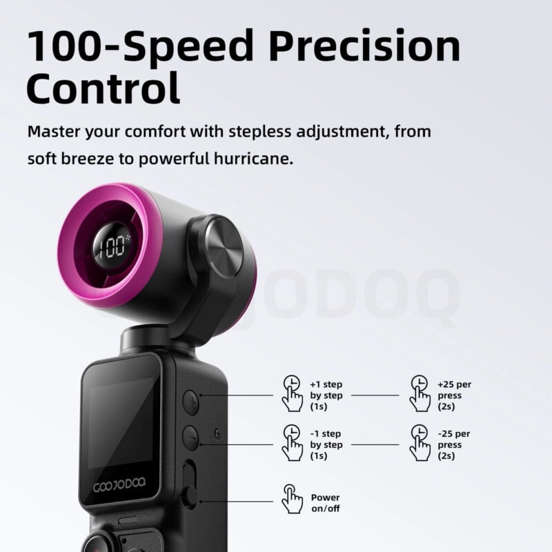 A black and pink handheld device displays "100" on a circular screen. Text explains "100-speed precision control" with buttons for step-by-step or faster speed adjustments, and power on/off.