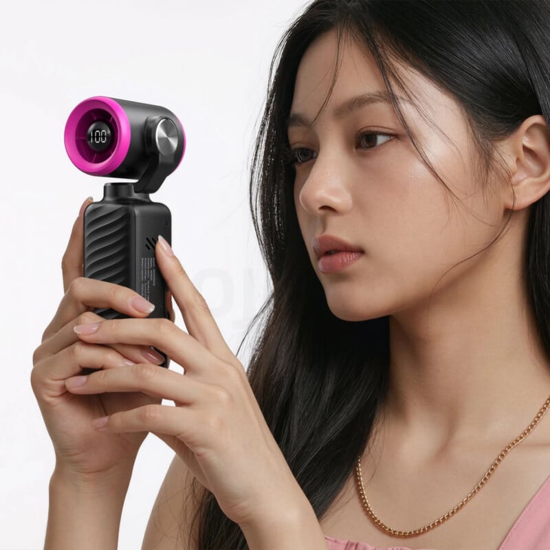 A young woman with long dark hair holds a black and pink handheld device with a circular attachment, looking at it closely. The background is plain white.