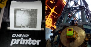 A split image: left, a Game Boy Printer prints a pixelated image; right, a lime green Game Boy is attached to industrial machinery under a metal structure.