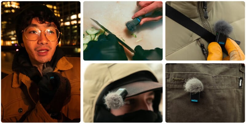 A collage of five images shows people using a small microphone with a furry windscreen outdoors, attached to clothing, on a strap, and during food preparation, highlighting its versatility in different settings.