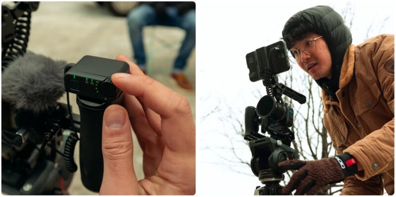 A person adjusts audio settings on a camera-mounted device in the left image; on the right, another person in winter clothing films outdoors using a mounted camera and microphone.