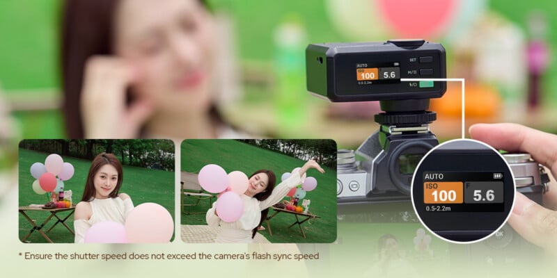 A camera with a digital display showing ISO 100 and f/5.6 settings is mounted on a tripod. Below are two photos of a woman outdoors holding pink balloons and smiling, with a blurred person in the background.