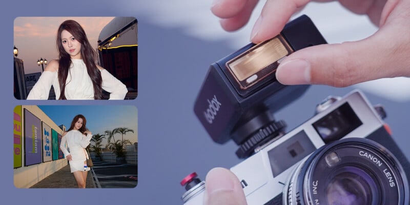 A collage features two photos of a woman in a white dress posing outdoors and a close-up of a hand attaching a flash unit to a vintage Canon film camera.