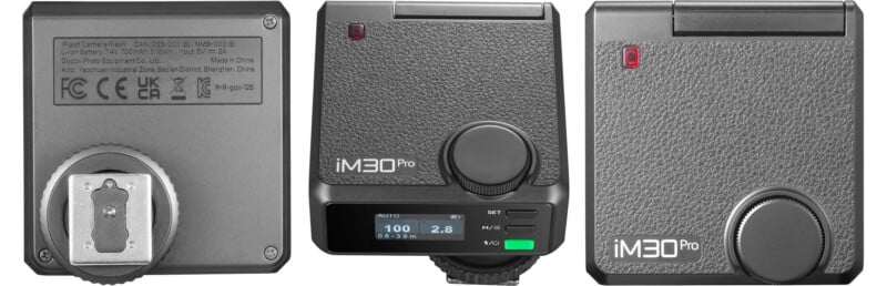 Three views of a black iM30 Pro flash camera trigger: the bottom showing a metal mounting plate, the front displaying a control dial, screen, and buttons, and the back with the model name and textured grip.