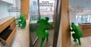 Three-panel image of a person in a full green bodysuit crouching in different locations in an apartment. Each panel has text: "I'm sorry I don't know how to edit this green guy.