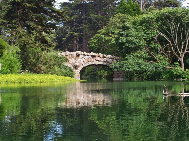 A stone arch bridge stands over a calm pond, surrounded by lush green trees and vegetation, with the scene reflected in the water below.