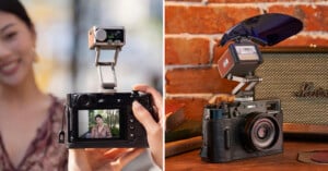 Split image: Left shows a person holding a camera with an external flash; the screen displays a portrait of a smiling woman. Right shows a close-up of a similar camera with a raised flash, set on a table near a speaker.