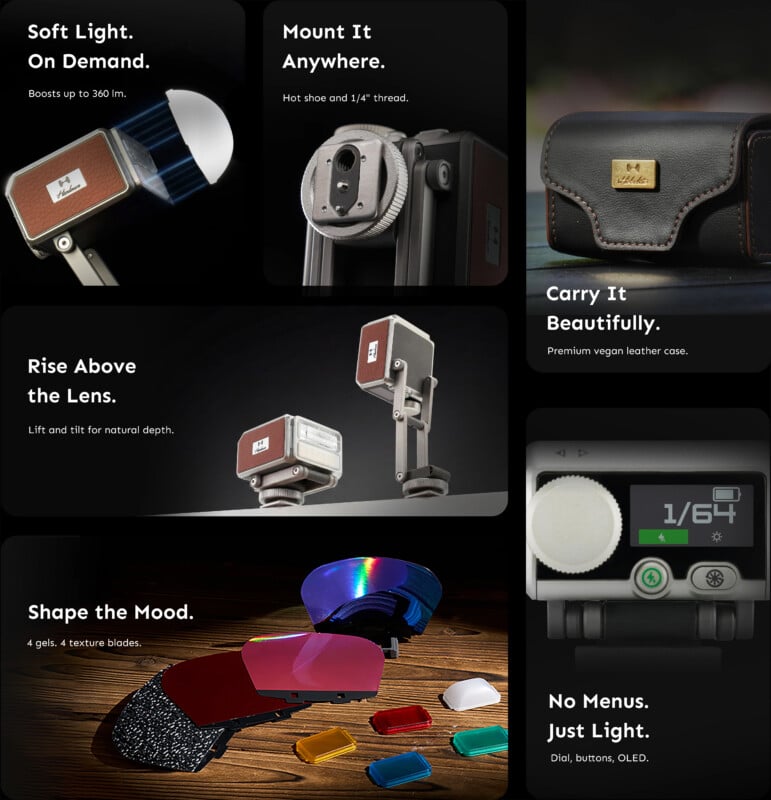 A collage displays a compact, mountable LED light for cameras with accessories: gels, blades, a vegan leather carrying case, close-ups of controls, and the product mounted and tilted on various stands. Features like portability and customization are highlighted.