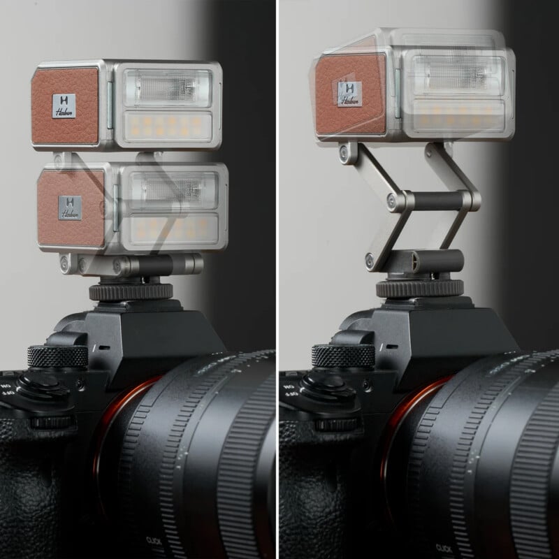 A comparison of a collapsible camera flash mounted on a camera: on the left, the flash is compact; on the right, it is extended upward on a folding arm, both positioned on the camera’s hot shoe.