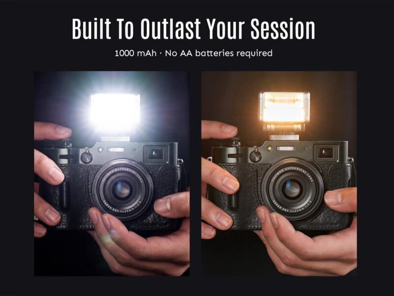 Split image of hands holding a camera with a flash; left side shows bright white flash, right side shows orange flash. Text above reads, "Built To Outlast Your Session. 1000 mAh • No AA batteries required.