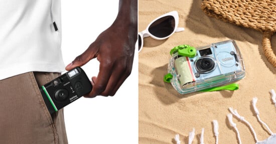 Split image: On the left, a hand slips a black camera into a pocket. On the right, a camera in a clear waterproof case rests on sand beside sunglasses and a woven bag.