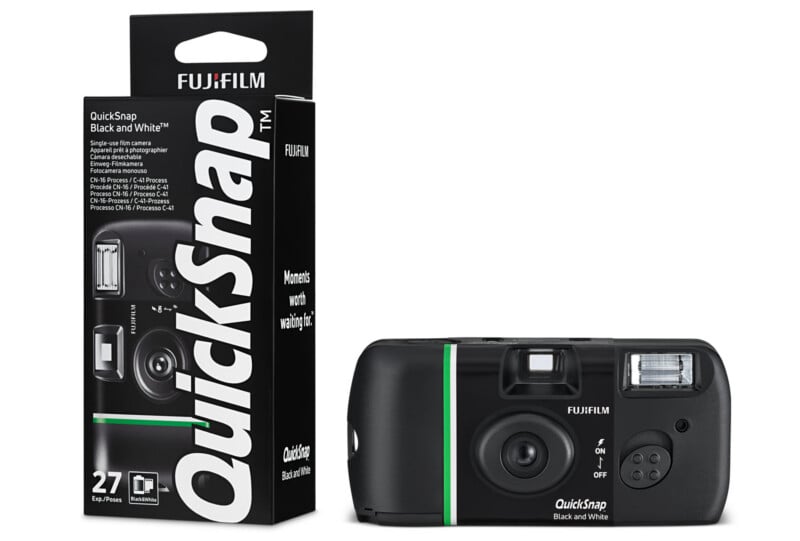 A Fujifilm QuickSnap Black and White disposable camera is shown next to its black packaging box. The camera has a green stripe and built-in flash. The box displays product details and the number 27 for exposures.