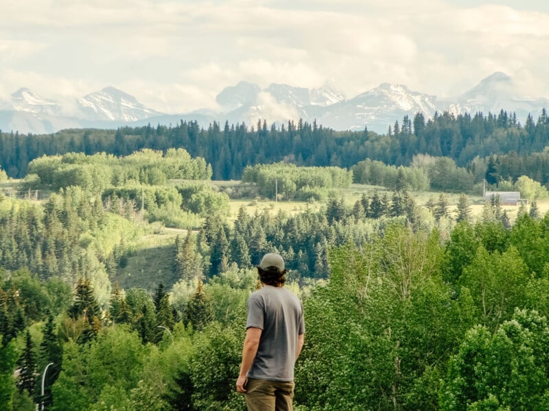 A person wearing a gray shirt and cap stands on a hill, looking out over a lush green forest with snow-capped mountains in the distance under a partly cloudy sky.