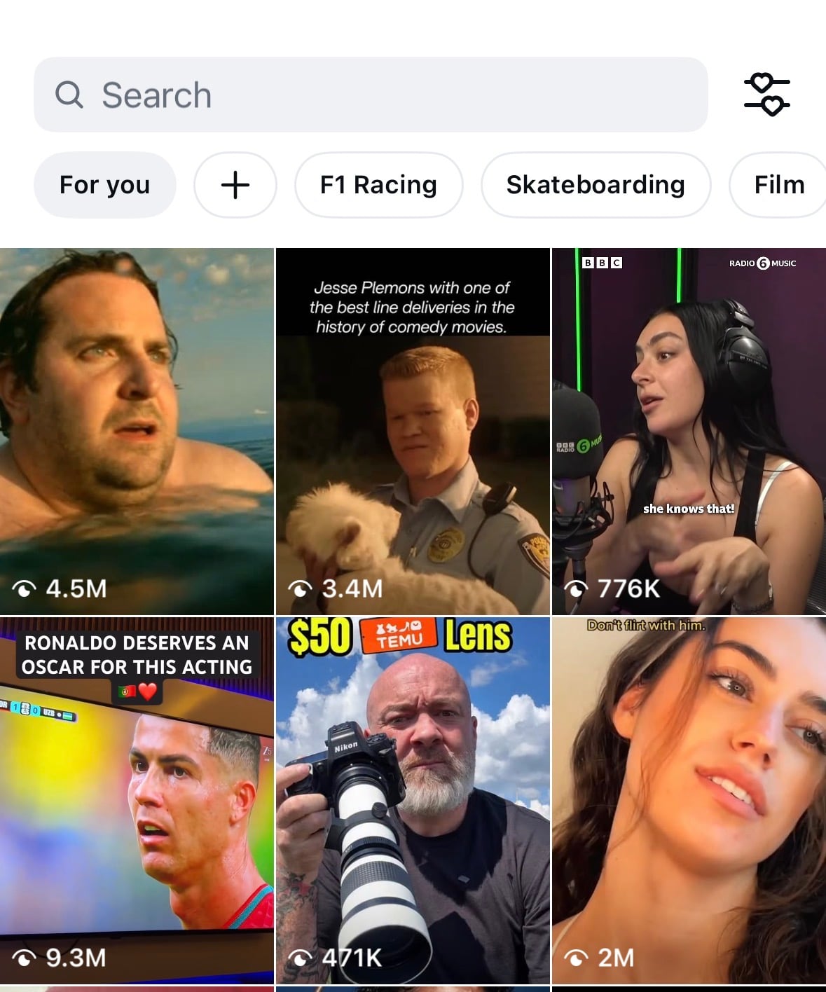 A social media app screen displays a search bar, filter tags, and a grid of six video thumbnails featuring various people and topics, each with a view count in the lower left corner.