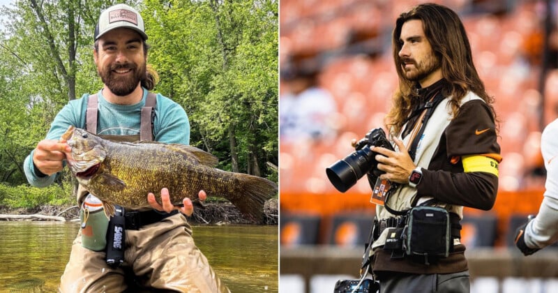 Dos fotografías muestran a un hombre con cabello largo y castaño y barba: a la izquierda, sostiene un pez grande en un río; a la derecha sostiene un pez grande. A la derecha, está parado en un campo deportivo, sosteniendo una cámara y vistiendo una camisa y equipo marrones.