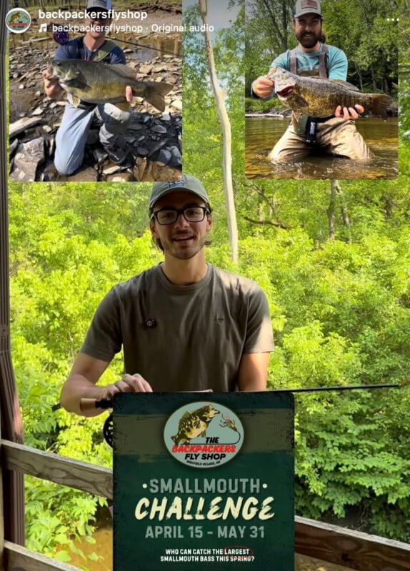 Un hombre con gafas y sombrero sostiene un cartel para el Backpackers Fly Shop Smallmouth Challenge. Las dos imágenes más pequeñas de arriba muestran a los pescadores, cada uno sosteniendo una lobina grande de boca chica. Exuberantes árboles verdes llenan el fondo.