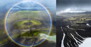 Aerial views of volcanic landscapes with green moss, dark mountains, winding rivers, and a circular rainbow-like halo in the left image, under a dramatic cloudy sky.