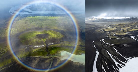 Aerial views of volcanic landscapes with green moss, dark mountains, winding rivers, and a circular rainbow-like halo in the left image, under a dramatic cloudy sky.