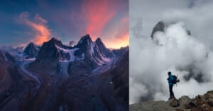 A mountain range at sunset with dramatic clouds and glaciers, and a hiker standing on a rocky ledge, surrounded by mist and clouds, looking toward distant peaks.