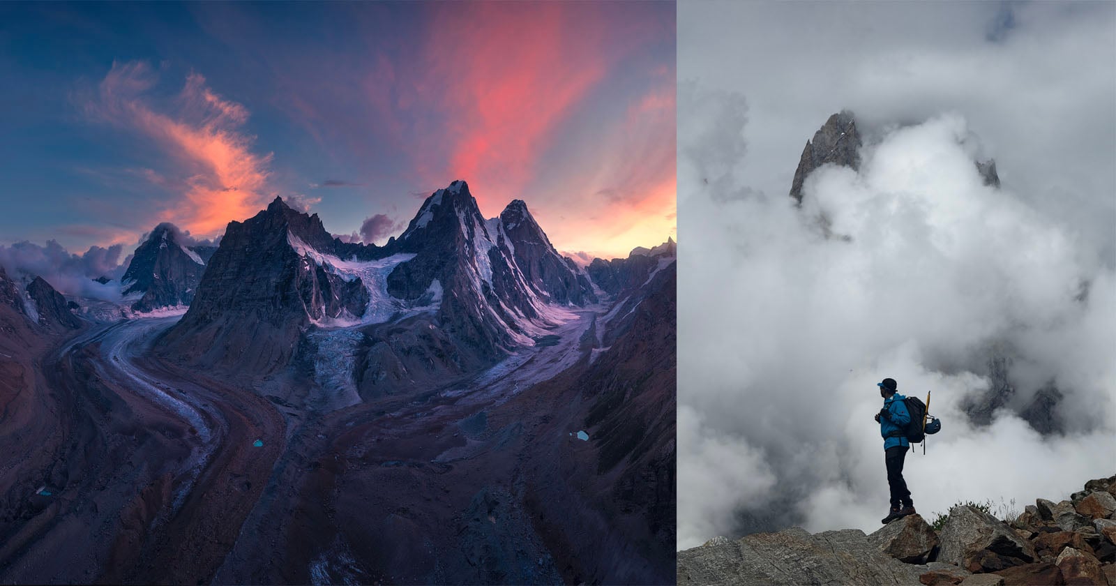 A mountain range at sunset with dramatic clouds and glaciers, and a hiker standing on a rocky ledge, surrounded by mist and clouds, looking toward distant peaks.