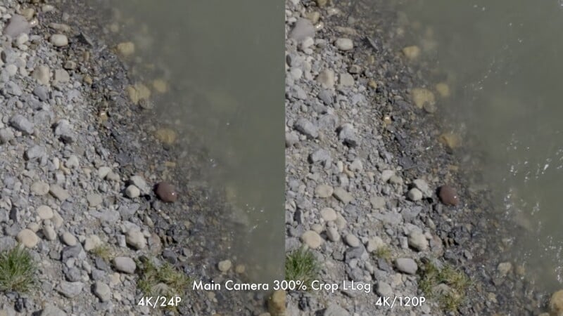 Split image comparison of a rocky shoreline and water, showing differences in video quality. Left side labeled "4K/24P," right side "4K/120P." Text below reads "Main Camera 300% Crop I-Log.