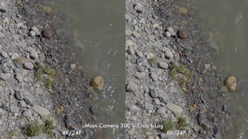 Side-by-side comparison of a rocky riverbank, showing differences in clarity between 4K/24P (left) and 8K/24P (right) from a main camera at 300% crop, with text labeling each version at the bottom.