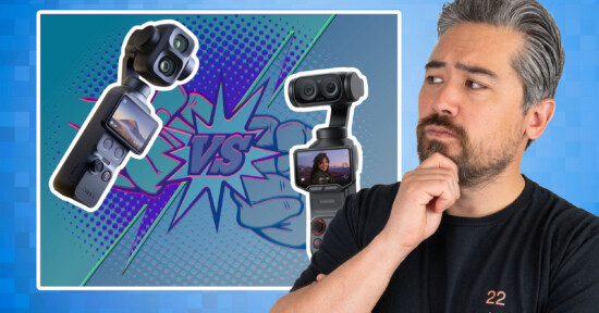 A man with salt-and-pepper hair and beard thoughtfully looks at an illustration of two handheld camera devices facing off with a "VS" graphic between them on a blue, comic-style background.