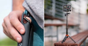 A split image: left side shows a hand clipping a compact tripod to a pocket; right side shows an action camera mounted on the tripod, set up on a bench outdoors.