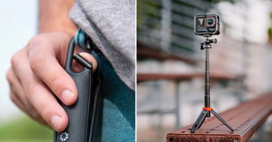 A split image: left side shows a hand clipping a compact tripod to a pocket; right side shows an action camera mounted on the tripod, set up on a bench outdoors.