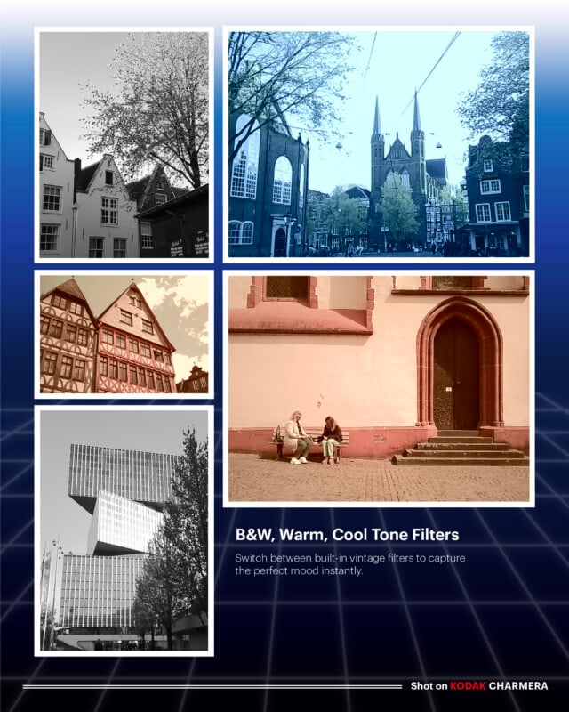 A collage of cityscapes and architecture in different vintage filters—black and white, sepia, warm, and cool tones. Two people sit by a building door. Text promotes filter features for a camera.
