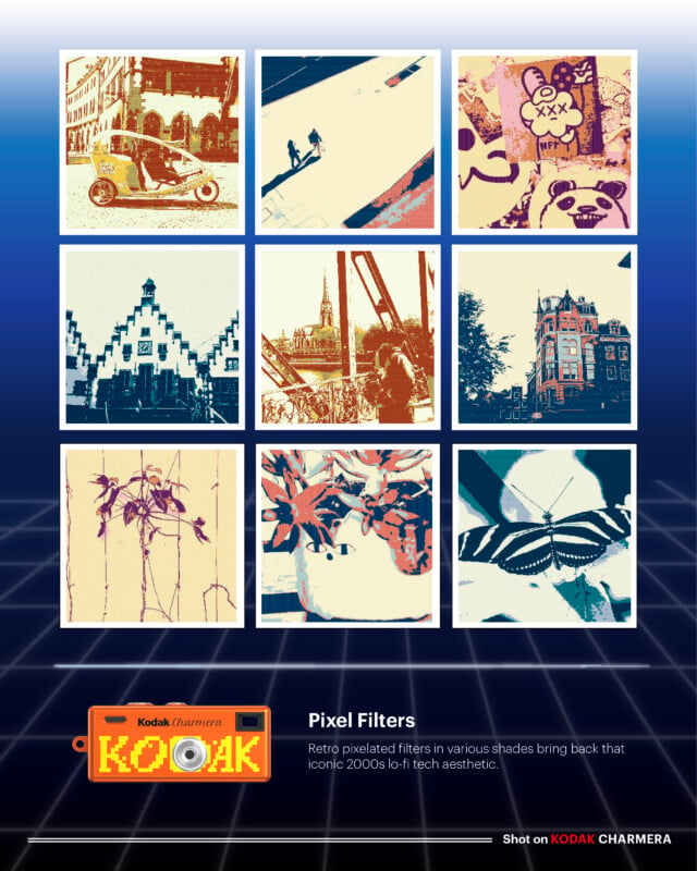 A grid of nine pixelated retro photos, including cityscapes, plants, cartoon art, and a street scene, displayed above a gridded black background. Text below reads: "Pixel Filters—Retro pixelated filters in various shades bring back that iconic 2000s lo-fi tech aesthetic.