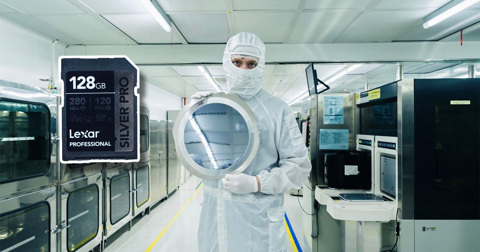 A person in a cleanroom suit holds a silicon wafer in a high-tech lab, with a large 128GB Lexar Professional SD card image superimposed on the left.