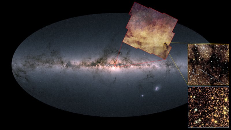 Una vista amplia de la Vía Láctea, con un panel de zoom integrado, que muestra imágenes progresivamente más cercanas del denso campo estelar cerca del centro de la Vía Láctea, destacando el creciente detalle y la densidad estelar.