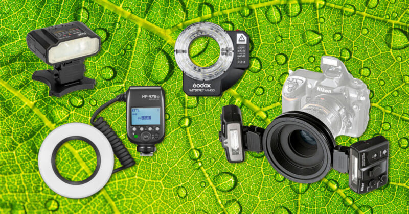 A collage of camera macro flash systems, including ring and twin flashes, with a digital camera and control unit, overlaid on a bright green leaf with water droplets.