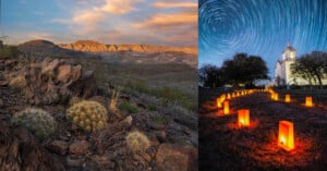 The image is split: on the left, a desert landscape with mountains, rocks, and cacti under a colorful sunset sky; on the right, an illuminated path with lanterns leads to a white church at night under swirling star trails.