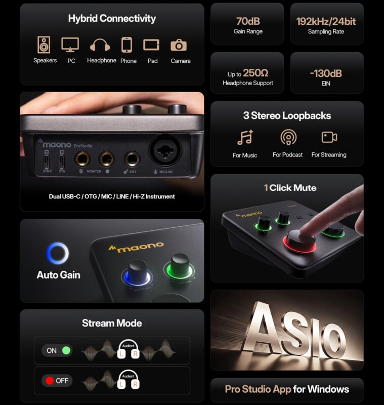 A promotional graphic for a Maono audio interface highlights hybrid connectivity options, 3 stereo loopbacks, 1-click mute, auto gain, 70dB gain range, 192kHz/24bit support, stream mode, and ASIO for Windows.