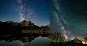 Two night landscapes: Left, the Milky Way over mountains reflected in a calm lake; right, the Milky Way stretches above trees and a rustic wooden cabin under a clear star-filled sky.