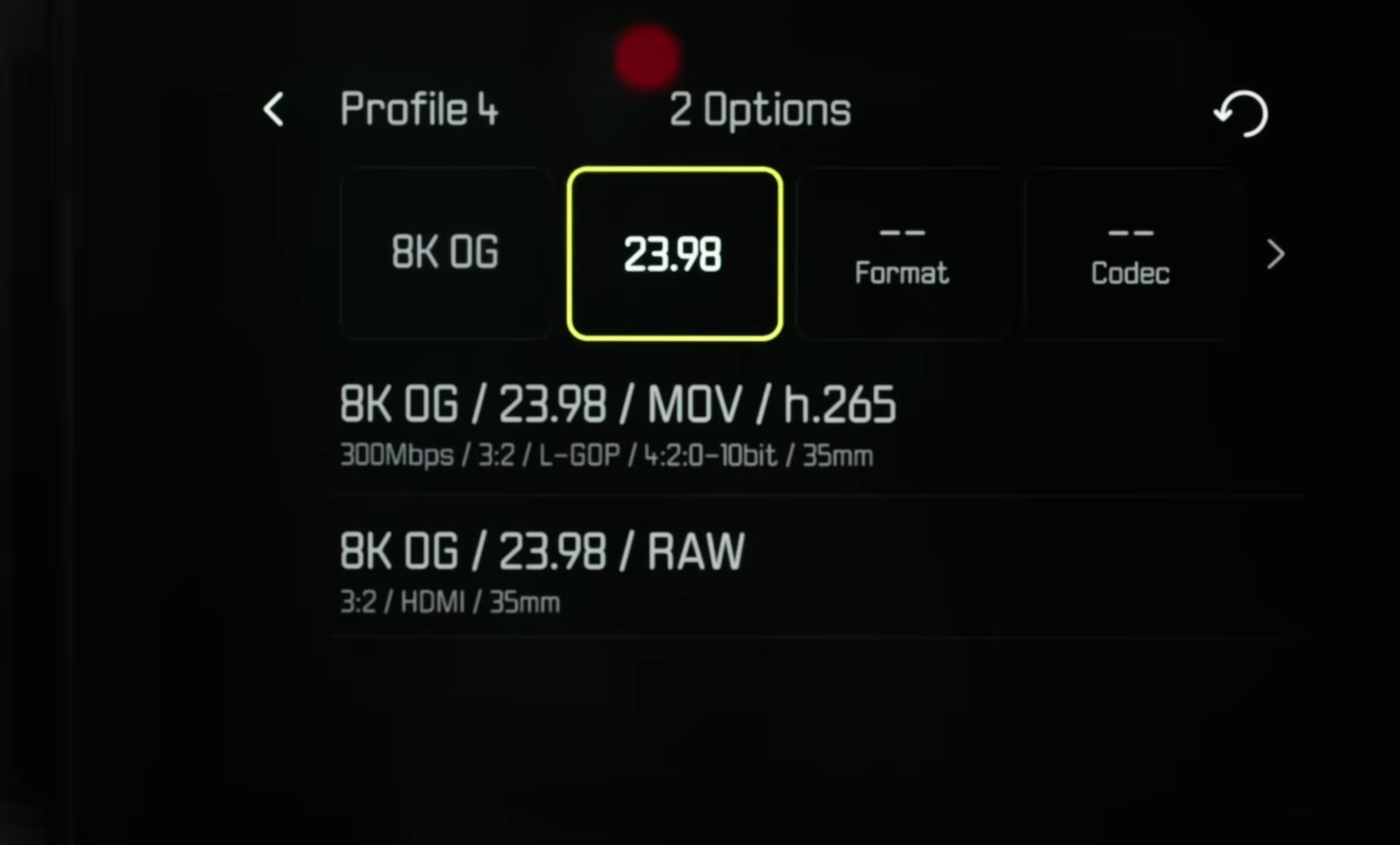 0 10bit) and 8K OG at 23.98 fps in RAW format. Other options include Format and Codec selections.